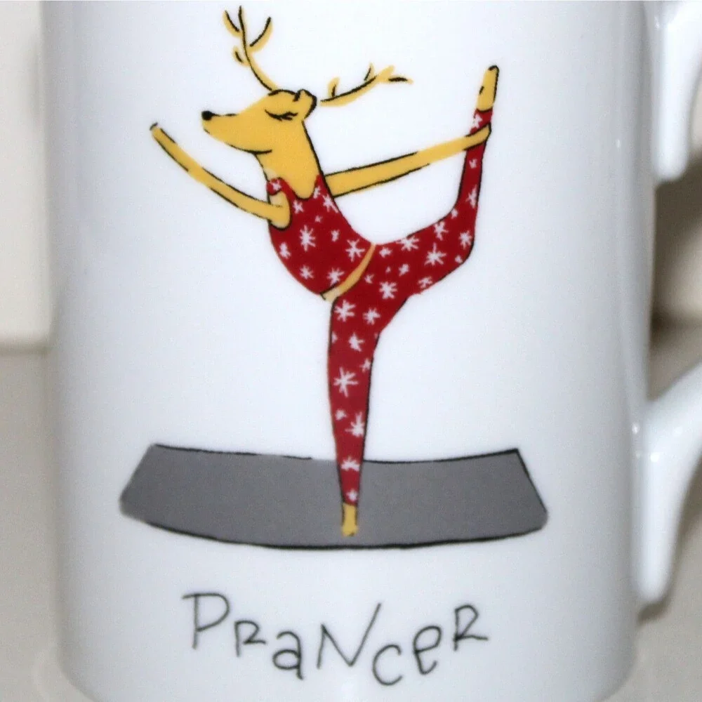 Pottery Barn coffee tea Mug Reindeer Prancer yoga white porcelain Christmas